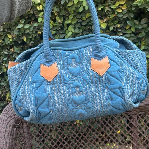 SOLD LIVE! Rare Vivienne Westwood Blue Quilted Satchel wTan Leather Accents - Picture 8 of 14